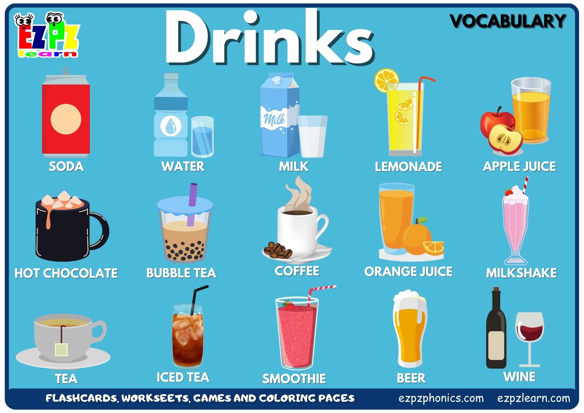 Drinks Vocabulary Picture Dictionary Join Now for Free Flashcards, Worksheets and Coloring Pages
